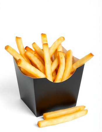 French fries in a black box isolated on white background. Fast food.