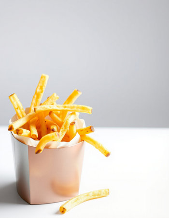 French fries in a paper cup on a white background. Selective focus.の写真素材