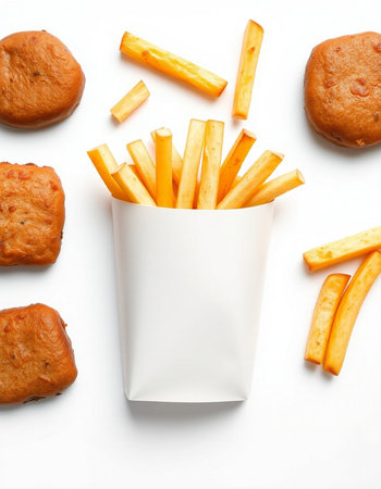 French fries in paper box isolated on white background. Top view.の写真素材