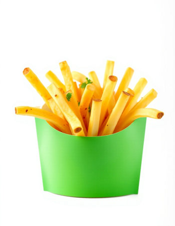 French fries in a green box on a white background. Isolatedの写真素材