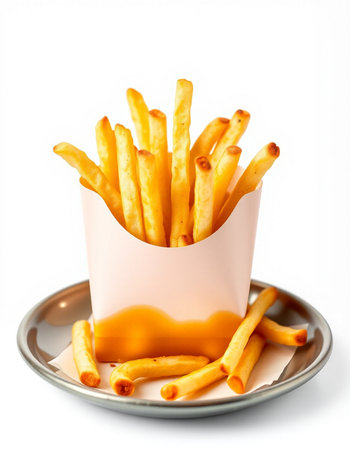 French fries in a paper box on a white background. Isolated