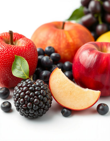 Fresh fruits and berries isolated on white background. Healthy food concept.の写真素材
