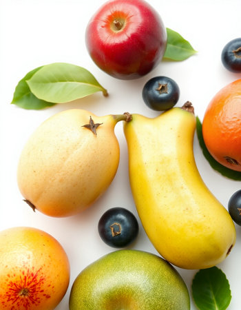 Fruits isolated on a white background. Healthy food concept. Top view.の写真素材