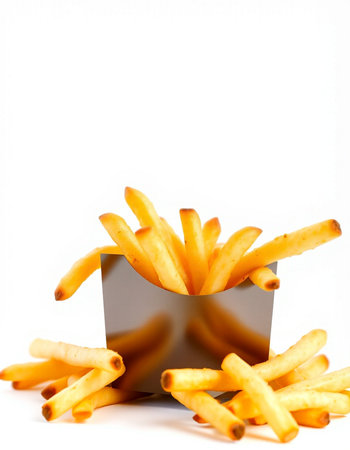 French fries in a paper box on a white background. Selective focus.の写真素材