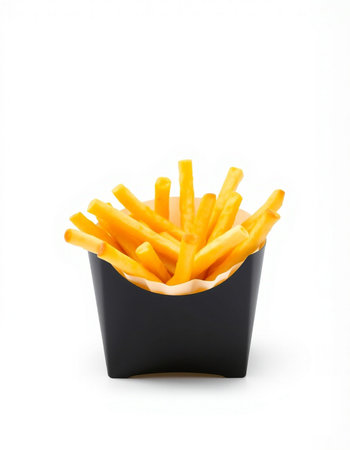 French fries in black paper box isolated on white background with clipping pathの写真素材