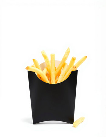 French fries in black paper box isolated on white background. Fast food.の写真素材