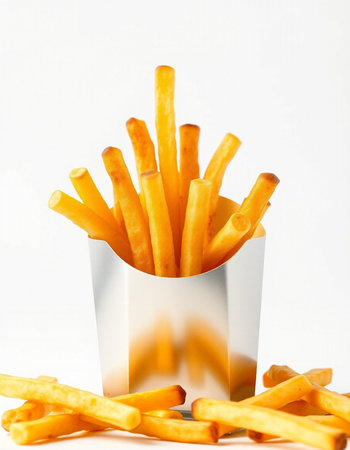 French fries in a paper box on a white background. Fast food.