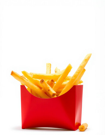 French fries in a red box on a white background. Isolated