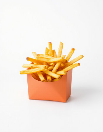 French fries in an orange box on a white background. Fast food.の写真素材