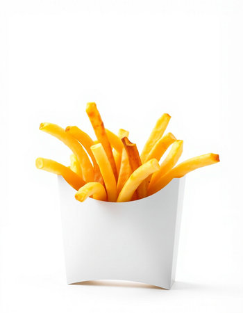 French fries in a white box on a white background. Isolated