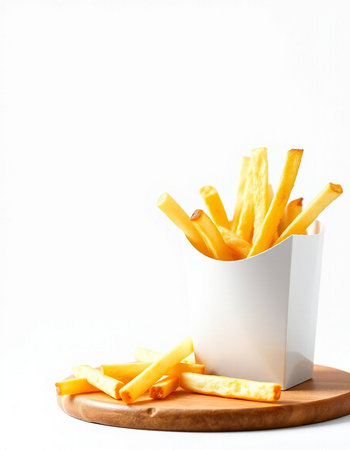 French fries in a white box on a white background. Selective focus.の写真素材