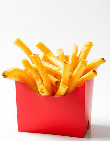 French fries in a red box on a white background. Shallow depth of field.