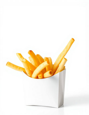 French fries in a white box on a white background. Isolated