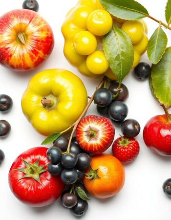 Fruits and berries isolated on a white background. Top view.の写真素材