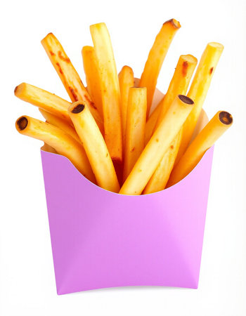 French fries in a purple box isolated on white background. Selective focus.の写真素材