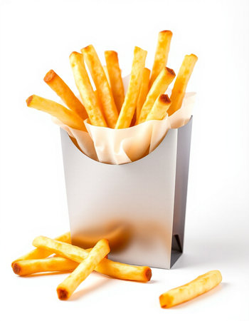 French fries in paper box isolated on white background. Close up.