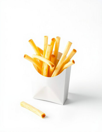 French fries in a white box on a white background. Isolated