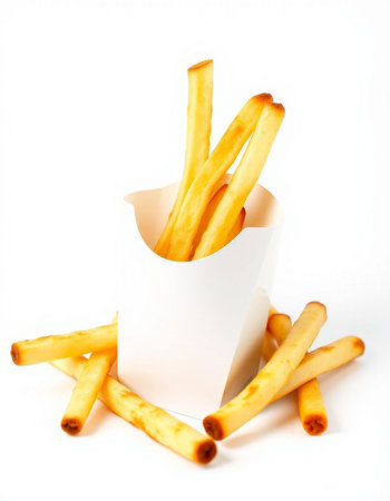 French fries in a paper box on a white background. Fast food.