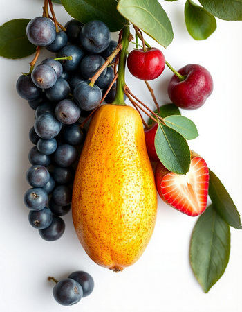 Fresh fruits and berries on white background. Healthy food. Top view.