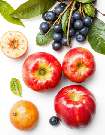 Fruits and berries on white background. Top view. Flat layの写真素材