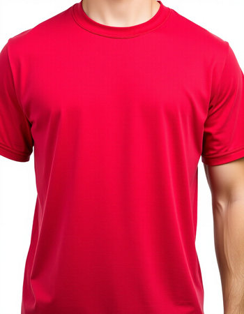 Men's red t-shirt on a mannequin isolated on white backgroundの写真素材