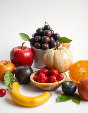 Fresh fruits and vegetables on a white background. Selective focus.