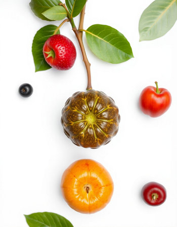 Fruits and leaves on a white background. Flat lay, top view.