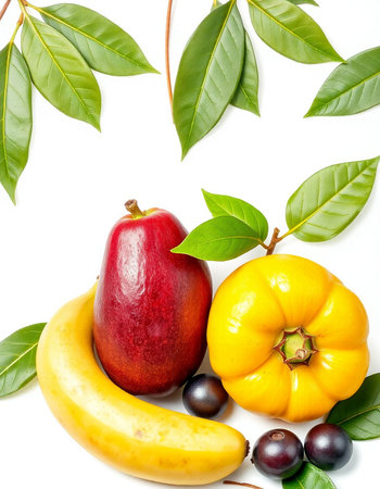 Fresh fruits and vegetables isolated on white background. Healthy food concept.の写真素材