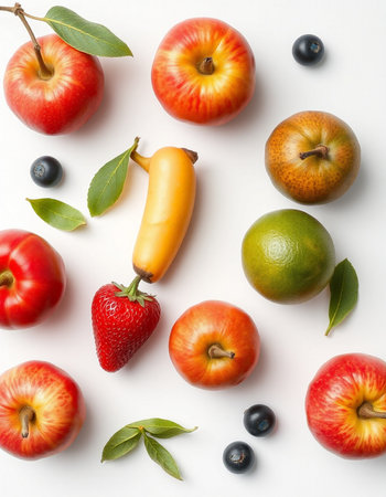 Fruits on white background, top view. Healthy food concept.の写真素材