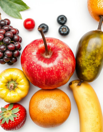 Fruits and vegetables isolated on white background. Healthy food concept.の写真素材