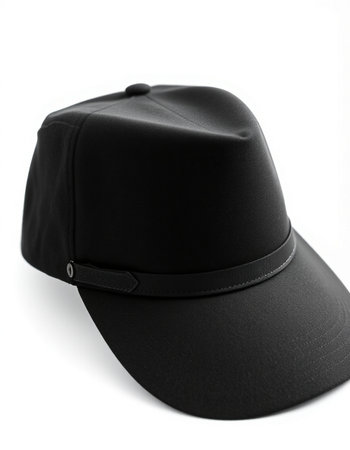 Black baseball cap isolated on white background. Side view. Close-up.