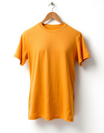 Orange t-shirt on hanger isolated on white background. Clipping path included.の写真素材