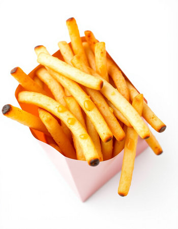 French fries in a box isolated on white background. Selective focus.