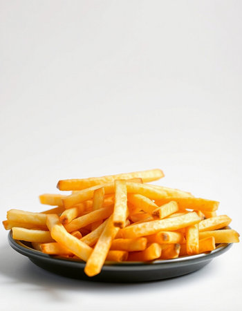 Golden French fries potatoes in black plate on white background. Selective focus.