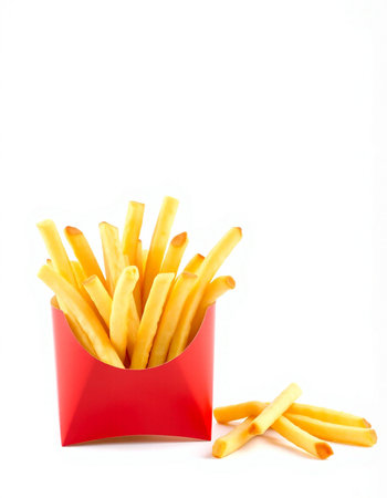 French fries in red box isolated on white background. Selective focus.