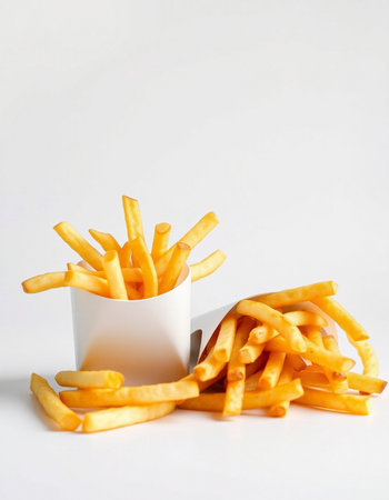 Golden French fries in a paper cup on a white background. Fast food.