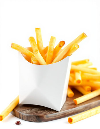 French fries in a paper box on a white background. Selective focus.
