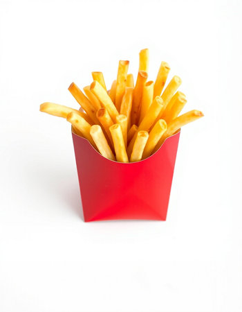 French fries in a red box on a white background. Isolated