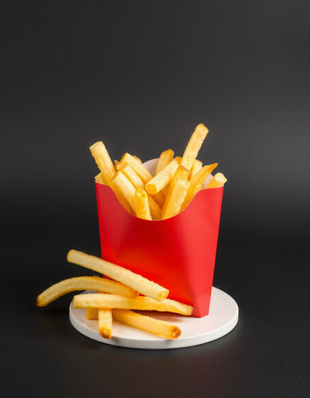 French fries in a red box on a black background. Fast food.の写真素材