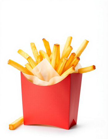 French fries in a red box isolated on white background. Fast food.