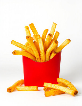 French fries in a red box on a white background close-up