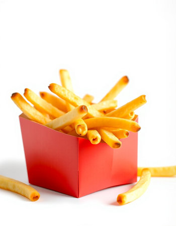 French fries in a red box on a white background. Selective focus.の写真素材