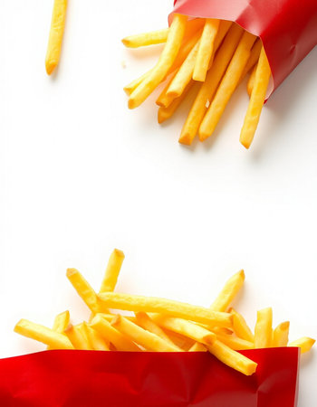 French fries in red package isolated on white background, top view.の写真素材