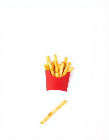 French fries in a red box isolated on white background. Fast food concept.