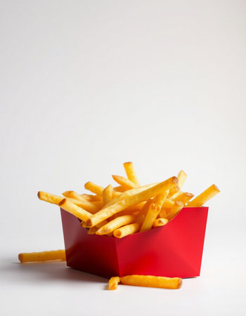 French fries in a red box on a white background, side view