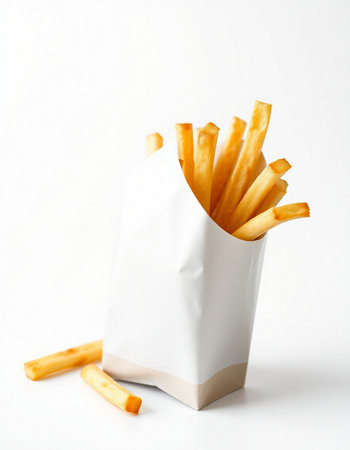 French fries in paper bag on white background. Close-up.の写真素材