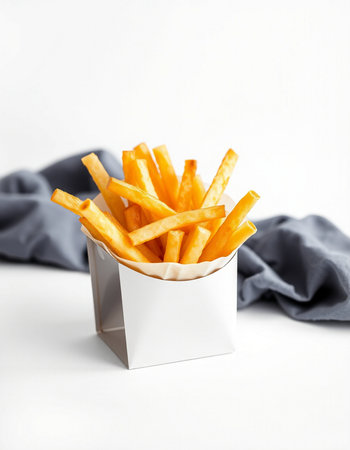 French fries in a white box on a white background. Selective focus.