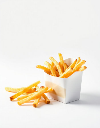 French fries in a white box on a white background. Selective focus.の写真素材