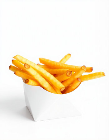 French fries in a paper box on a white background. Isolated