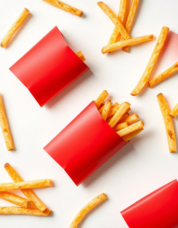 French fries in a red box on a white background, top view